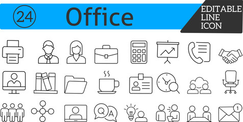 Office Stroke icon collections. Containing teamwork, presentation, mind map, meeting, and more icons. Editable Stroke icon collection Outline icon