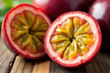 Close-up of vibrant passion fruit, showing its textured rind and juicy interior , smoothie, dessert, exotic fruit