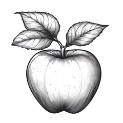 Detailed grayscale illustration of an apple with leaves (1)
