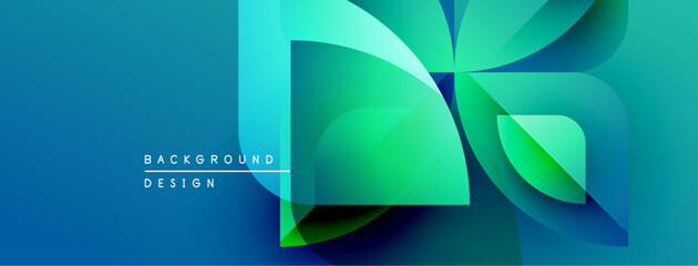 Abstract geometric shapes overlap, creating vibrant blue, green gradients. Modern design suggests technology, innovation, energy.