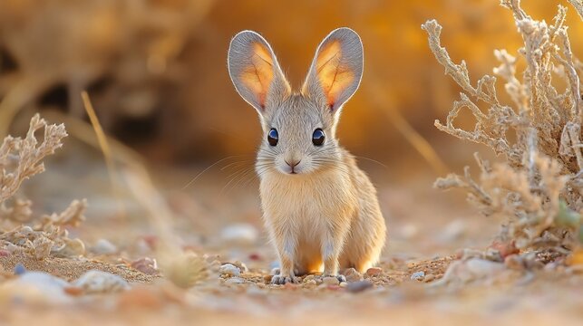 Adorable wild greater bilby with big ears sitting in a sandy desert landscape at sunrise looking curious