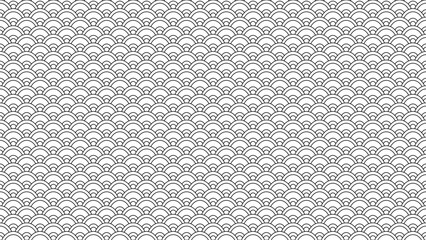 Repeating scallop pattern resembling fish scales in black outline on white. Geometric design, seamless texture, and decorative motif, perfect for backgrounds, textiles, and projects inspired by Asia © DysOdyssey