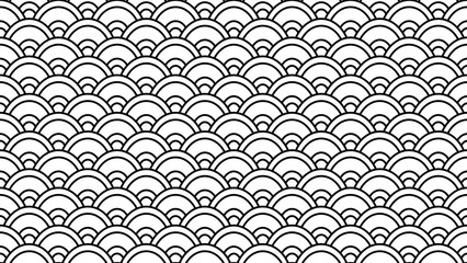 Repeating scallop pattern resembling fish scales in black outline on white. Geometric design, seamless texture, and decorative motif, perfect for backgrounds, textiles, and projects inspired by Asia © DysOdyssey