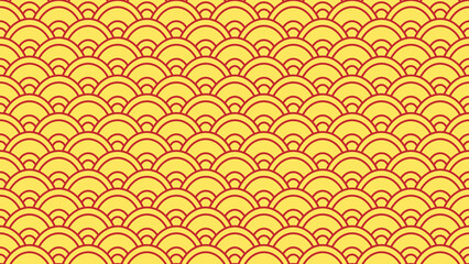 Repeating scallop pattern resembling fish scales in red outline on orange. Geometric design, seamless texture, and decorative motif, perfect for backgrounds, textiles, and projects inspired by Asia © DysOdyssey