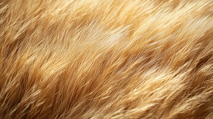 Fototapeta premium Soft and warm golden fur background, a close-up of beautiful fluffy animal hair texture in sunlight