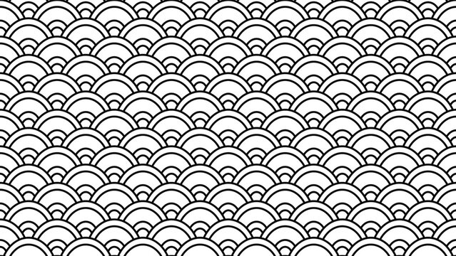 Repeating scallop pattern resembling fish scales in black outline on white. Geometric design, seamless texture, and decorative motif, perfect for backgrounds, textiles, and projects inspired by Asia
