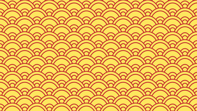 Repeating scallop pattern resembling fish scales in red outline on orange. Geometric design, seamless texture, and decorative motif, perfect for backgrounds, textiles, and projects inspired by Asia