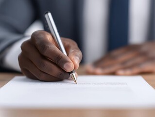 A businessman signing a document with a fountain pen.