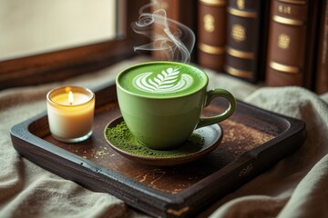 Warm Matcha Latte with Leaf Design and Candles in Cozy Setting