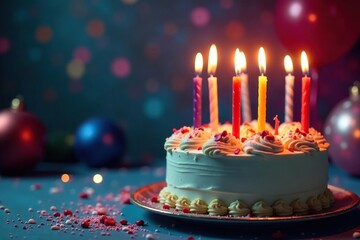A brightly lit birthday cake with candles ablaze, festive decorations , celebration, dessert