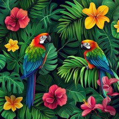 Obraz premium Macaw parrot on a background of flowers and the Amazon jungle