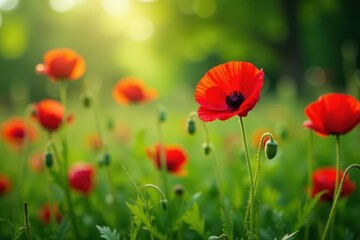 Fototapeta premium Crimson poppies blooming amidst lush green foliage, beauty, red