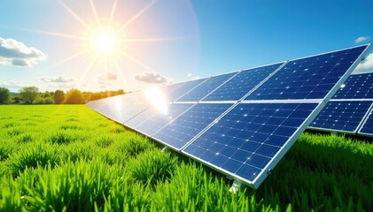 A lush green field of solar panels generating clean energy under a bright sun , field, sustainable development