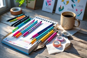 Colorful Desk Setup with Pens, Notebooks, Coffee, and Decor Items