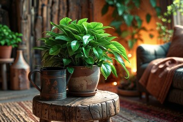 Fresh Green Potted Plant on Rustic Wooden Table in Cozy Interior