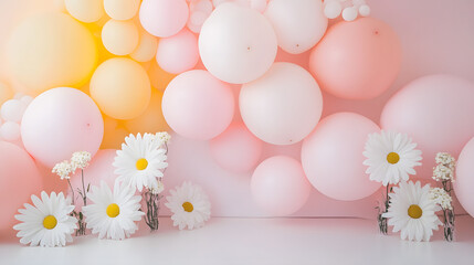 photography backdrop design, white wall fulfilled with lots of matte balloons colored pastel pink, pastel yellow, there are white daisy shaped balloons, white floor, cakesmash aesthetic
