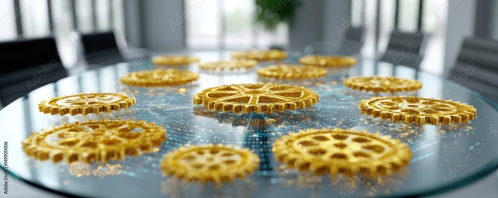 Poster wealth attraction for entrepreneur with wealth and strategy concept. innovative gears on a reflectiv