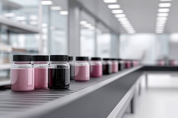 Pink and Black Jars on Modern Conveyor Belt in Clean Facility