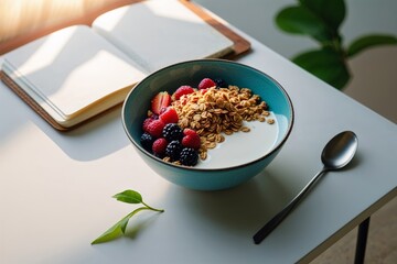 Healthy Breakfast Bowl with Berries, Granola, and Yogurt on Table
