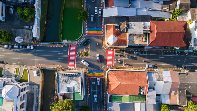 View of Phuket Old Town night market at sunset, in Phuket, Thailand Sino-Portuguese Architecture The morning is sunny, the weather is nice, and it's a nice place to visit. - Powered by Adobe