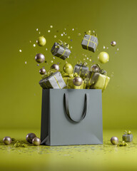 Slate grey shopping bag on a muted lime green background, offering a stylish contrast with a chic and understated vibe