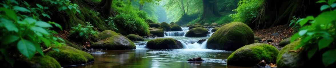 Obraz premium Dark, lush rainforest creek flows over mossy rocks , stream, forest