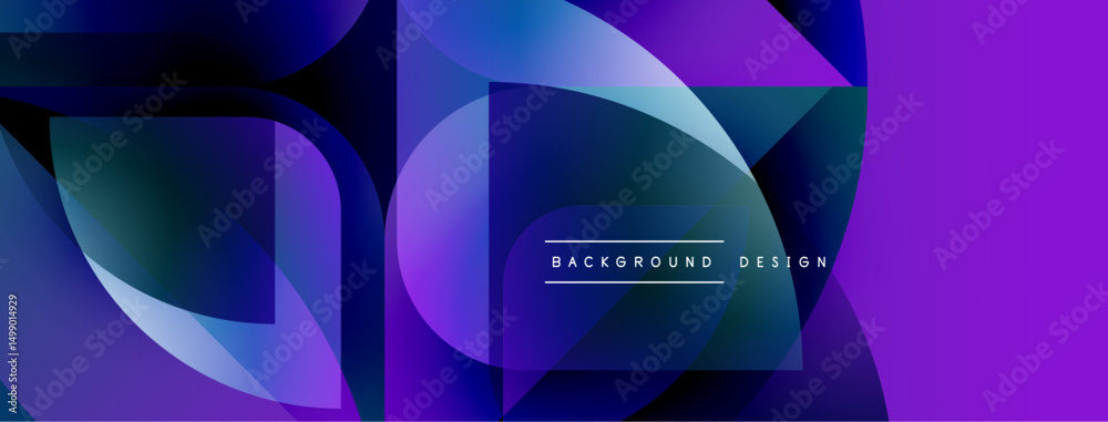 Poster Abstract geometric shapes, vibrant purple hues, modern design. Overlapping layers create dynamic visual effect. Minimalist text present.