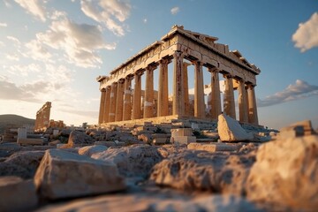 Majestic sunset over the parthenon athens ancient marble architecture serene environment wide angle view cultural heritage