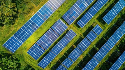 Aerial view of solar panels on green grass generating clean energy from renewable resources for the future