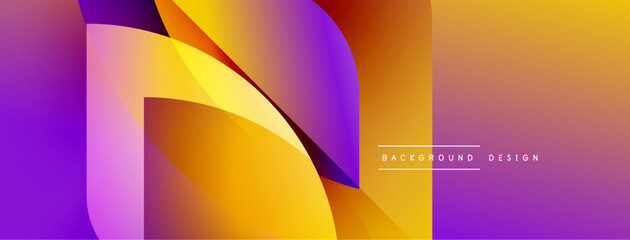 Abstract vibrant design features flowing shapes, gradients. Purple, orange, yellow hues create dynamic visual impact. Modern aesthetic.