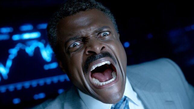 Frustrated man shouting with a distressed expression in a dark, high-tech environment