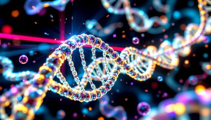 a dynamic visual representation of a dna double helix structure intertwined with vibrant, colorful particles that give the impression of a virtual or digital environment.