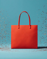 Vivid red shopping bag with smooth surfaces bursting with fresh items, creating a striking and dynamic visual appeal