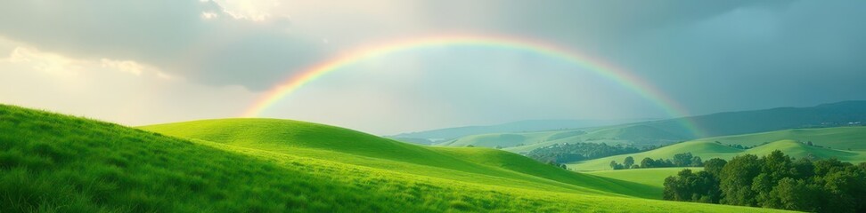 Naklejka premium Partial rainbow's gentle curve above rolling green hills, gentle, peaceful, earth