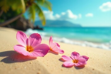Fototapeta premium Delicate pink petals on golden sand, azure ocean in distance, coast, blue, seascape