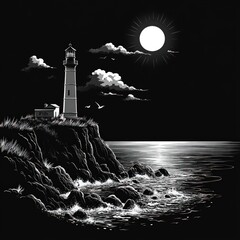 Lighthouse at night, dramatic seascape