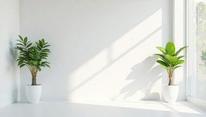 Minimalist white room with single plant, sunlight streaming through window Simple, clean, modern interior design , leaves, home, apartment