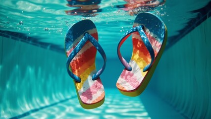 pair flip flops floating swimming pool pool blue water clear small ripples visible surface flip flops red yellow blue color striped pattern straps straps blue appear rubber background blurred appears