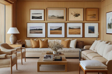Modern living room interior with fireplace and stylish wooden furniture