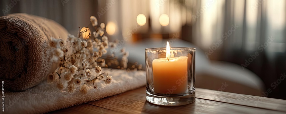 Poster calm environment through serenity and positivity in therapy concept. serene candlelit scene with a w