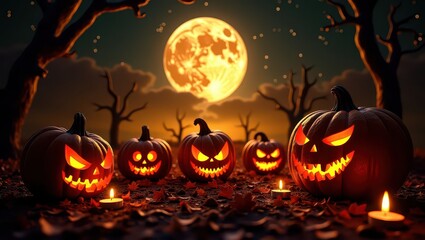 Naklejka premium Pumpkins sinister among candles on Halloween night background