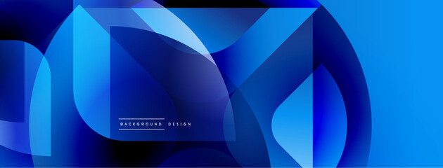 Abstract blue design features overlapping shapes. Gradient shades create dynamic visual effect. Modern, clean aesthetic suitable for backgrounds.