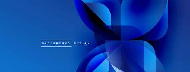 Abstract blue design features overlapping rounded shapes. Gradient colors create depth, modern aesthetic. Text reads background design.