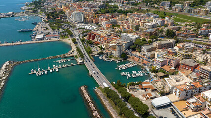 Aerial view of the seaside village of Mola. It is a district of the city of Formia, in the province of Latina, Lazio, Italy. This town overlooks the Mediterranean sea.