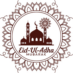 Brown Arabic Calligraphy Of Eid Ul Adha Mubarak With Silhouette Mosque And Mandala Pattern On White Background