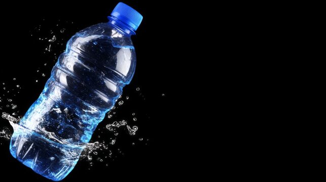 Clear plastic water bottle with splash effect against a black background