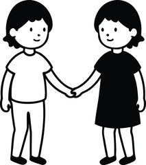 Cartoon illustration of a loving couple, a boy and girl, holding hands with their children