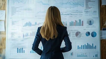 A businesswoman analyzing data visualizations on a large wall display, surrounded by charts and graphs, in a modern office setting focused on performance metrics and trends