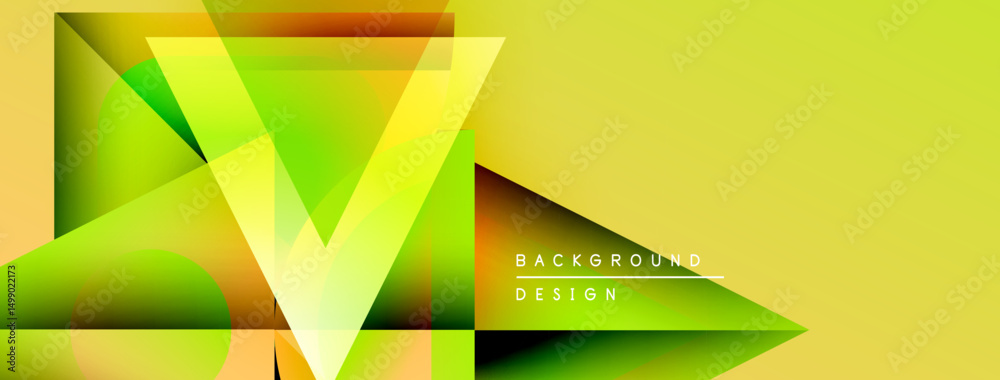 Poster Abstract geometric design. Vibrant colors blend, creating dynamic triangular shapes over yellow backdrop. Modern aesthetic.