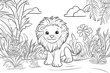 Obraz premium Cute Lion in a Jungle Scene: Fun Coloring Book Image for Kids
